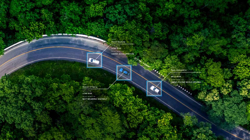 aerial view of vehicles driving on a road surrounded by trees