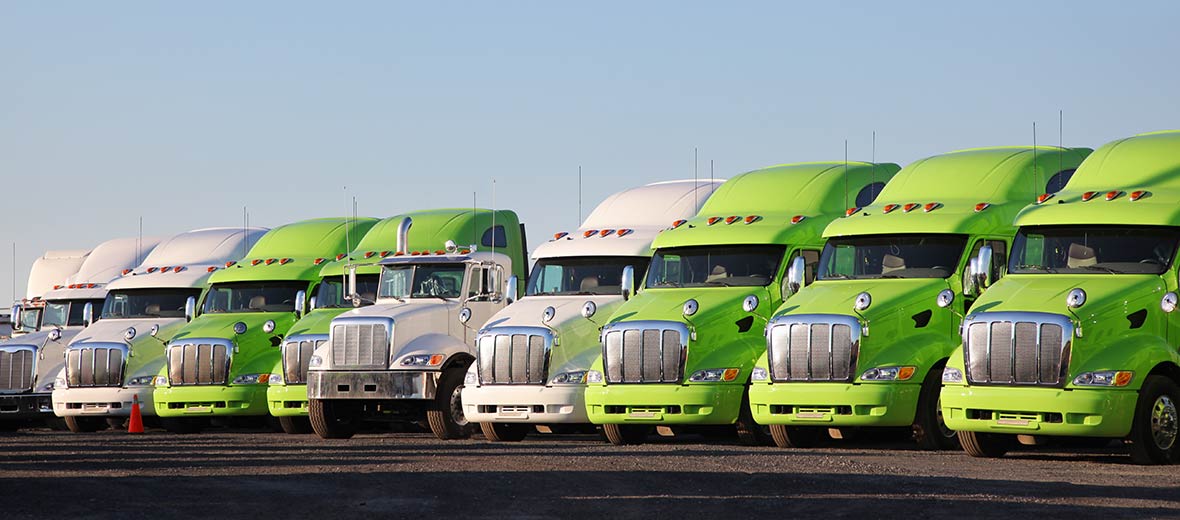 A line of EV fleet trucks