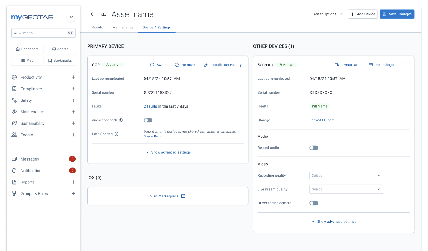 New asset details page, Device & Settings tab