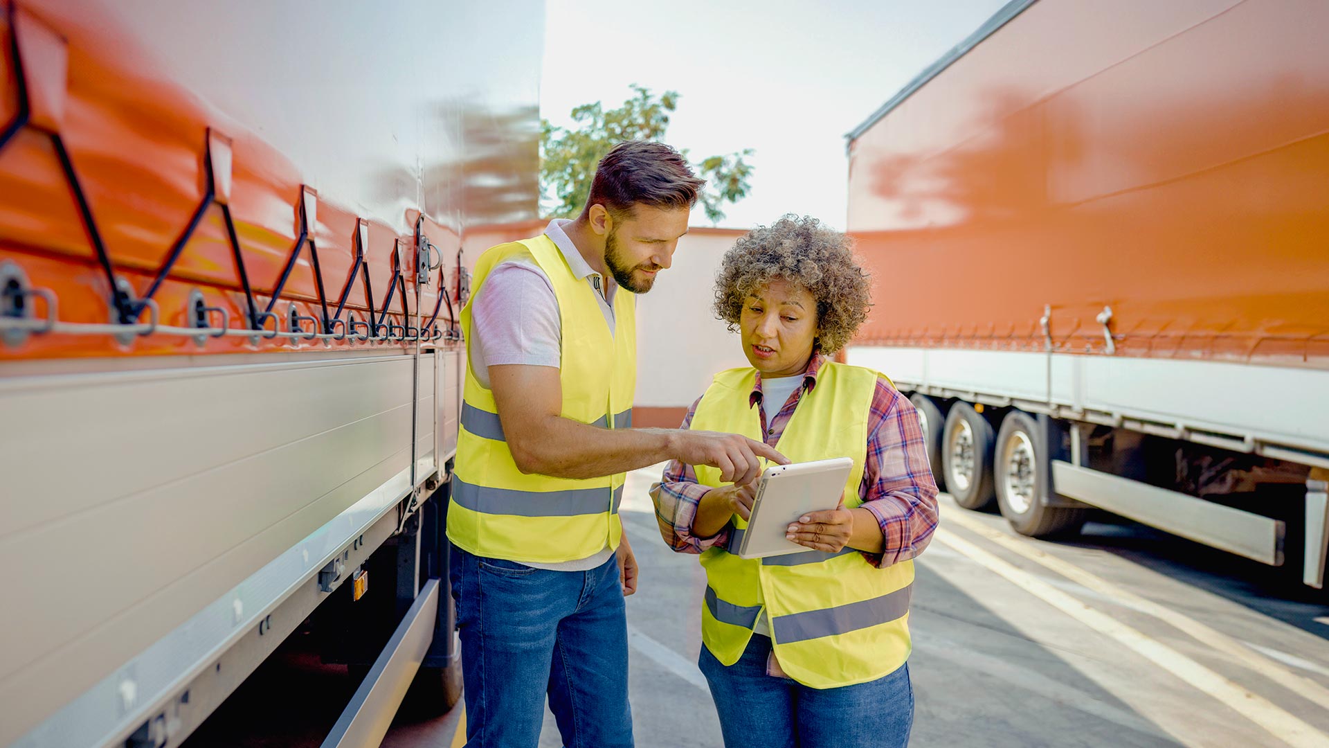 two people standing between trucks looking at a tablet