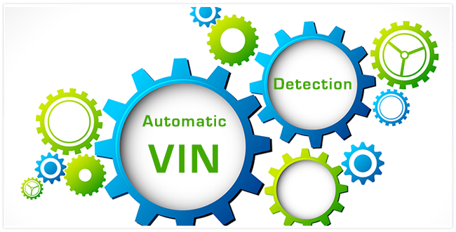 Blue and green gears ranging from small to large with the words "Automatic VIN" and "Detection" in the large ones.