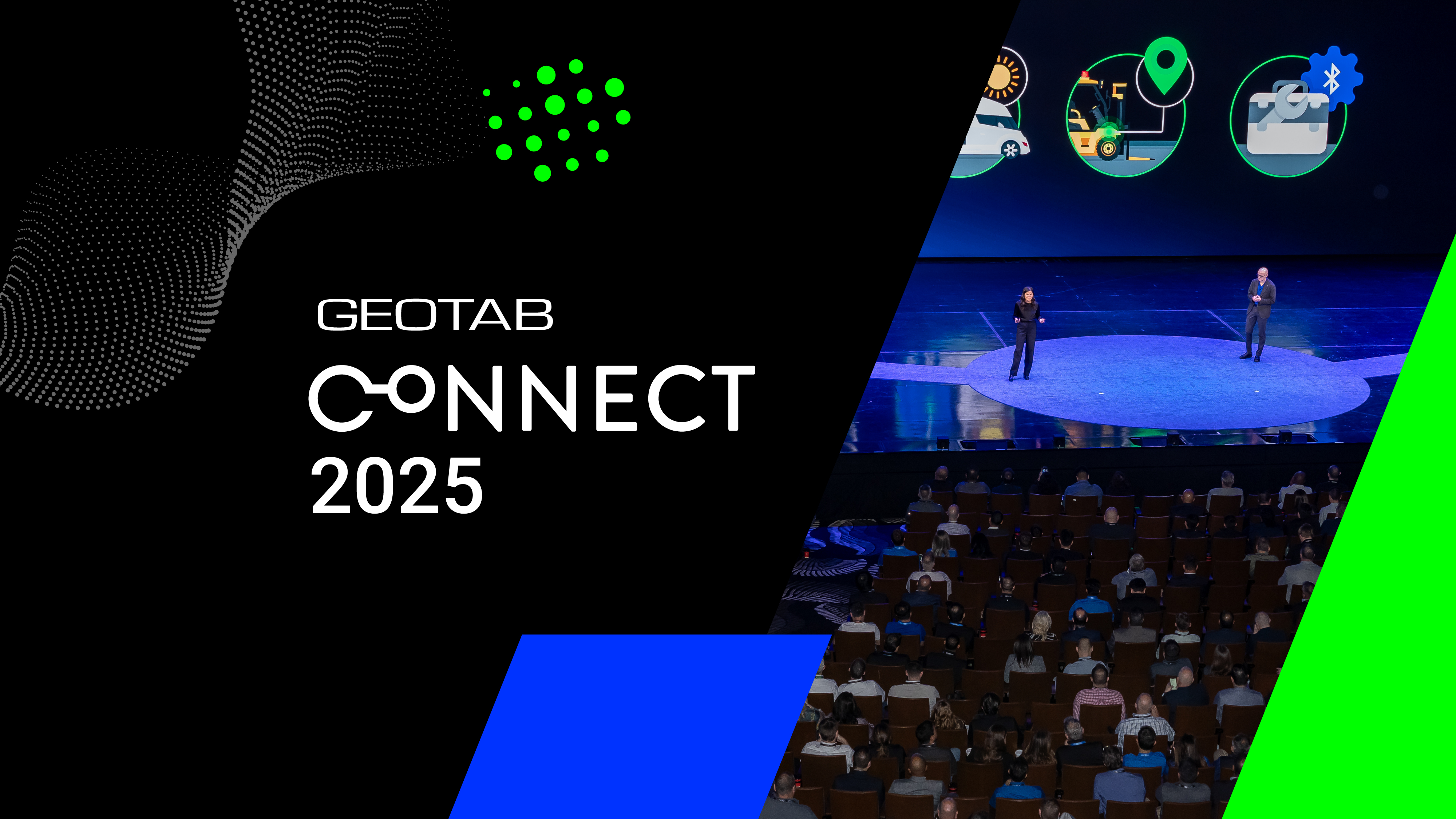 Image of Geotab employees speaking on stage with text 'Geotab Connect 2025'