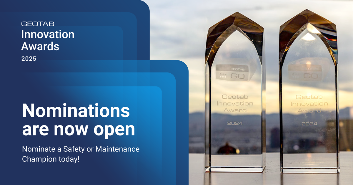 Geotab Innovation Award crystal trophies and Nominations open text