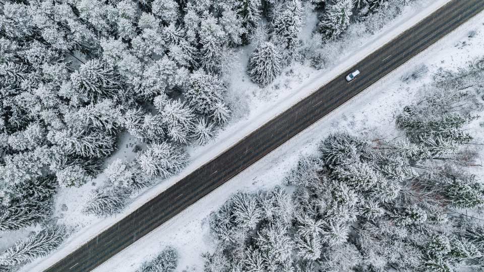 EV driving on winter road with snowy trees