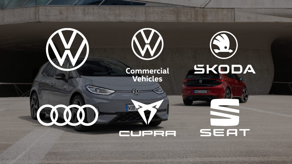 Die Logos der Marken des Volkswagen-Konzerns, nämlich Volkswagen, Volkswagen Nutzfahrzeuge, Skoda, Audi, Cupra und Seat.