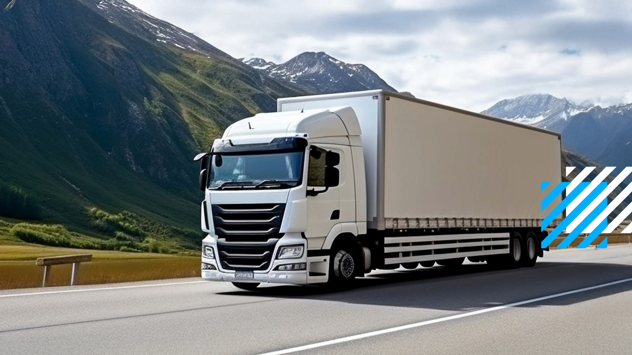 image of a white truck with mountains in the background