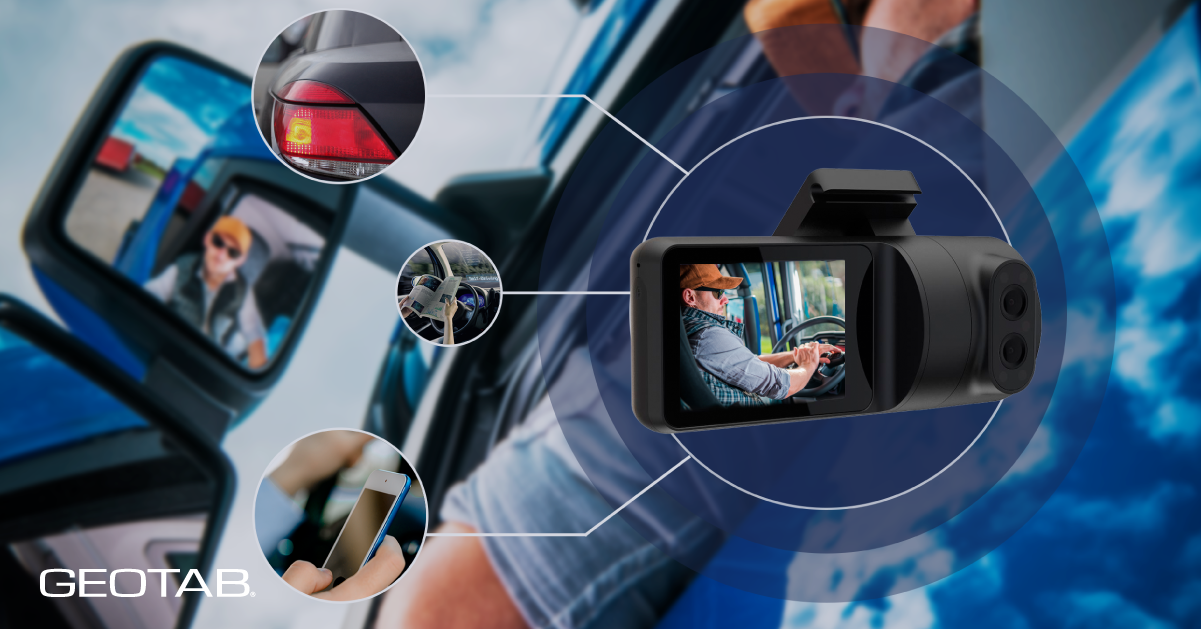 Driver inside truck with the video telematic device, showing images in how the video telematics device works 