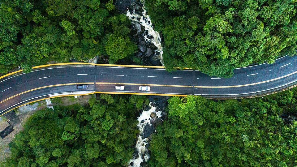 Vista aérea de una carretera sinuosa que atraviesa un denso bosque verde. Un puente cruza un pequeño río con dos coches blancos circulando por él, simbolizando la gestión de flotas verdes.