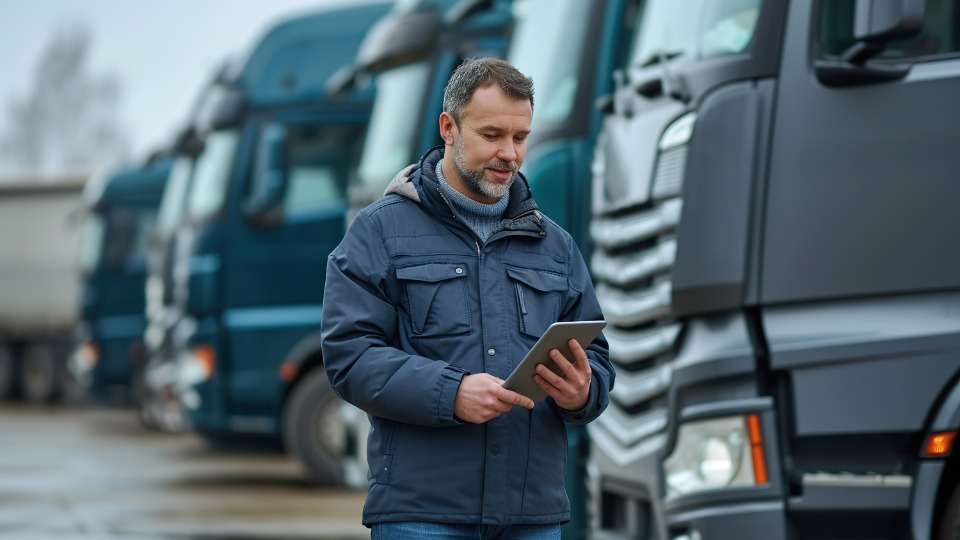 Fleet manager con un tablet in mano, in un parcheggio all'aperto con dietro i camion