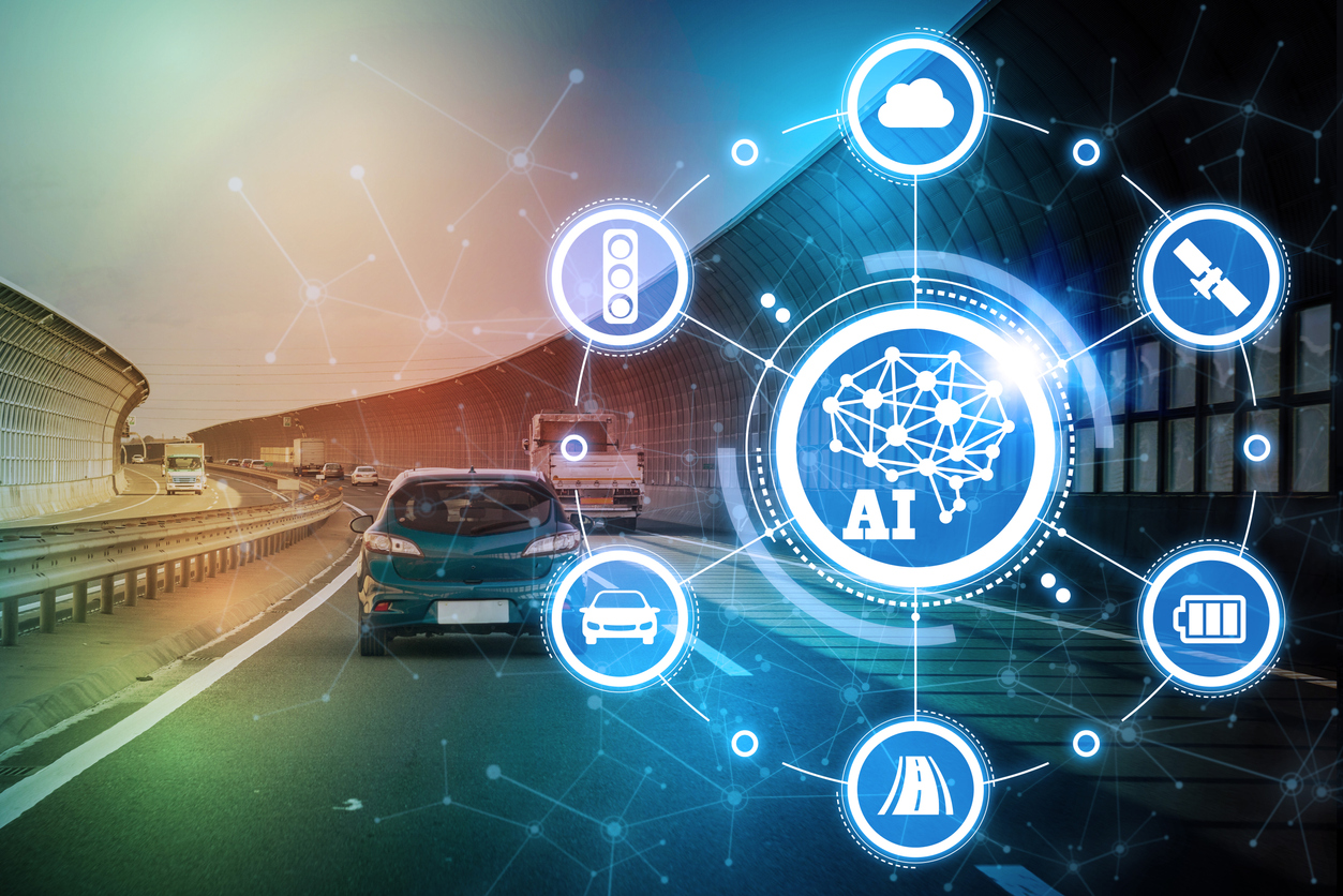 um carro em movimento, no canto direito tem um Diagrama com Ai no Centro ligando-se a outros sinais como bateria, CO2, sinalizacao, velocidade e Manutenção.