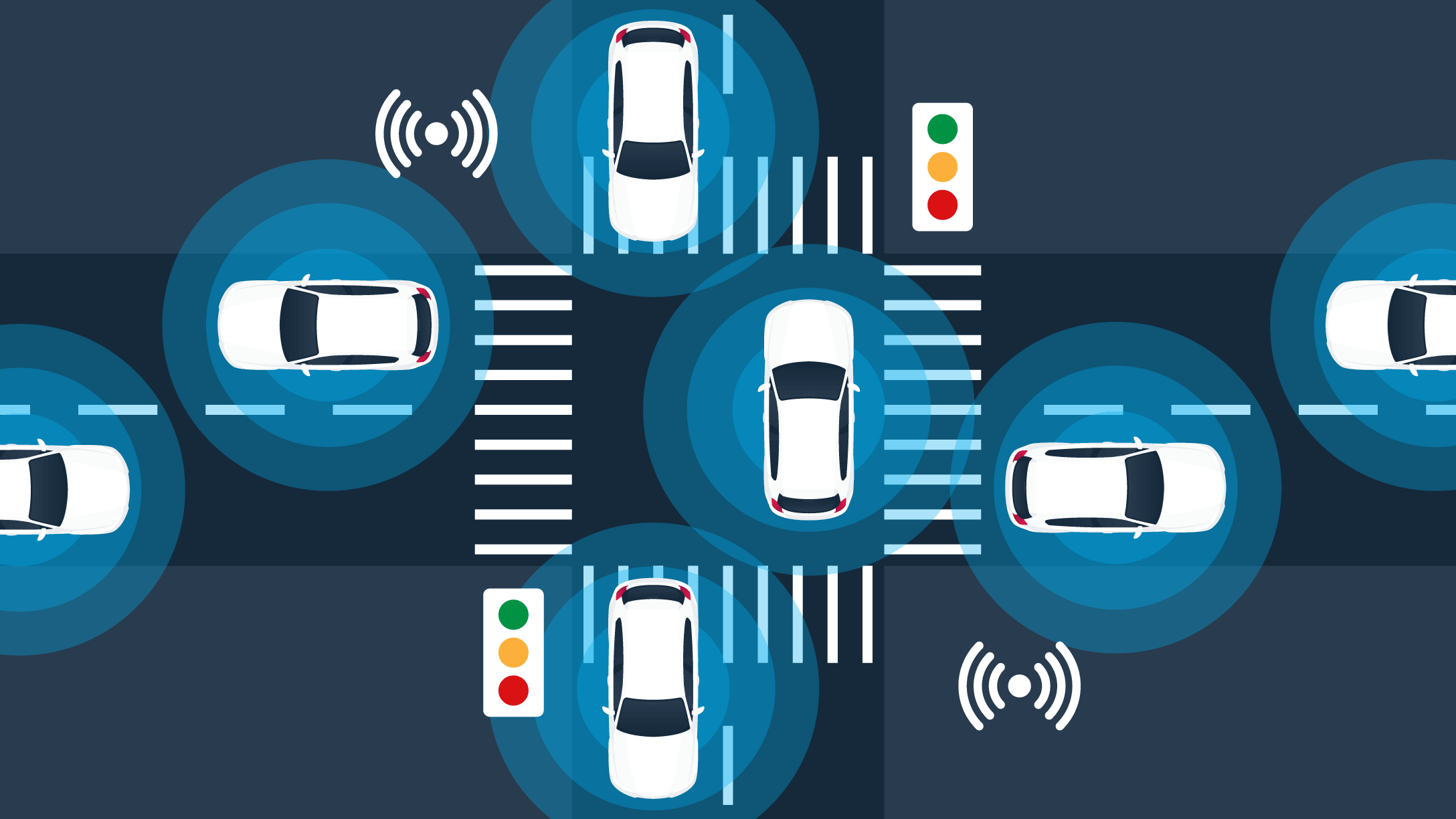 Ilustração de veículos conectados em um cruzamento, com sinais de comunicação entre carros e semáforos, representando a tecnologia de telemática e o conceito de veículos inteligentes em uma rede de transporte conectada.