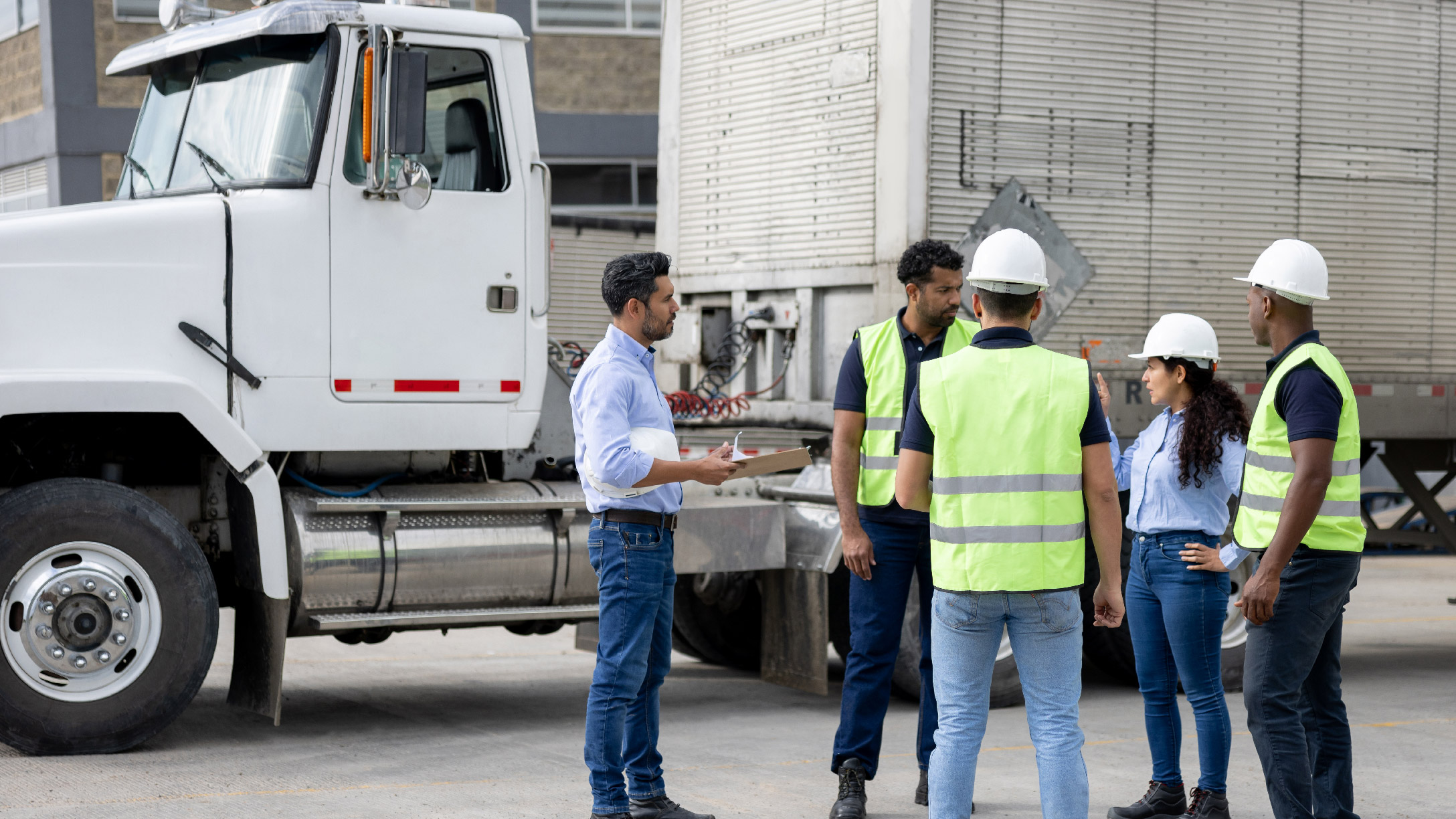 A imagem retrata uma equipe conversando, provavelmente, sobre gestão de frotas, com um caminhão ao fundo que simboliza o ambiente logístico. A cena transmite colaboração e profissionalismo, representando a importância do trabalho em equipe e da comunicação na gestão eficiente de frotas.