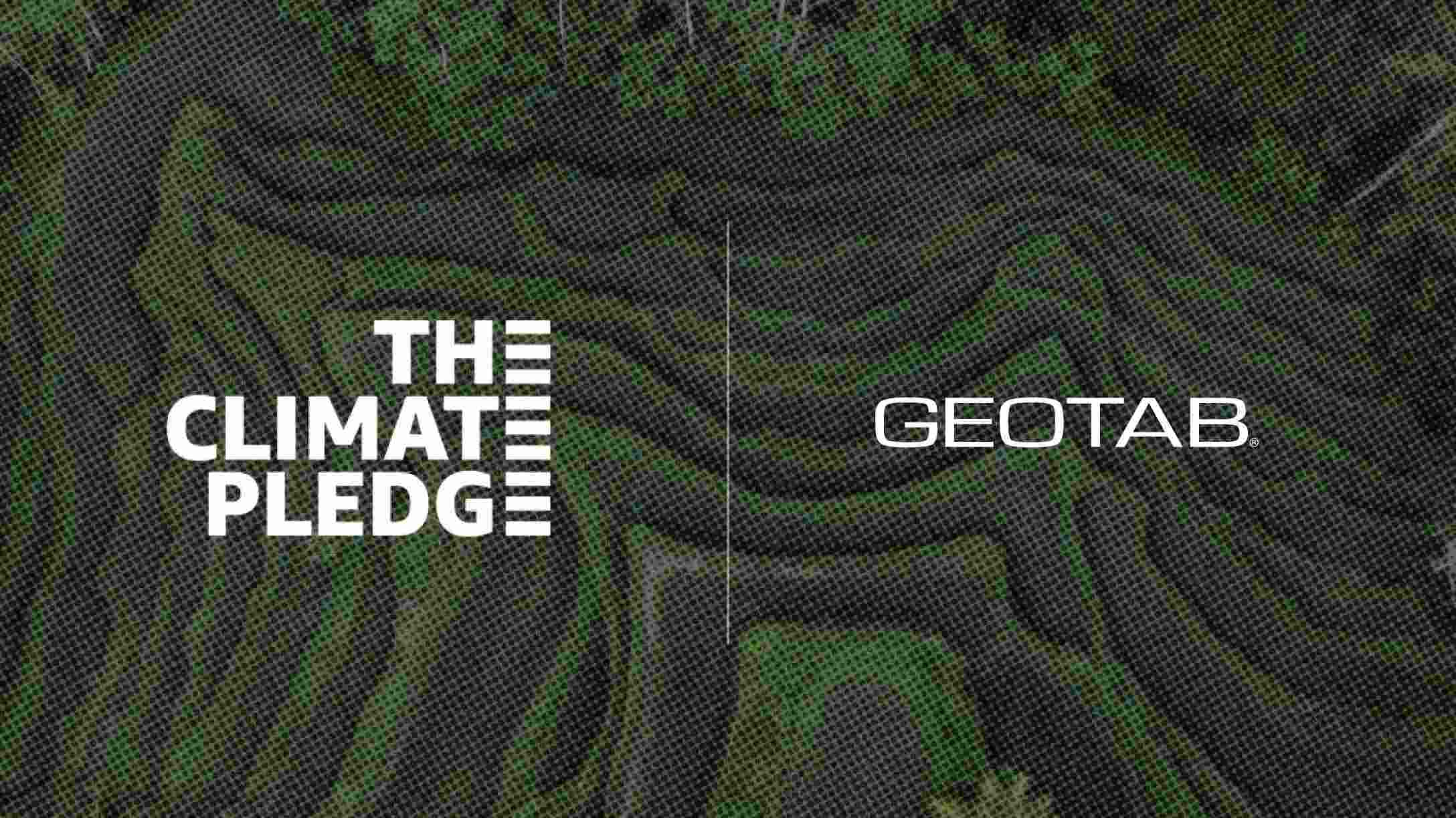 imagem com fundo de arvores verdes e com o titulo The Climate Pledge e o Nome da Geotab.