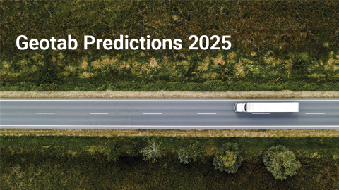 Image of commercial truck driving on road with text 'Geotab Predictions 2025'