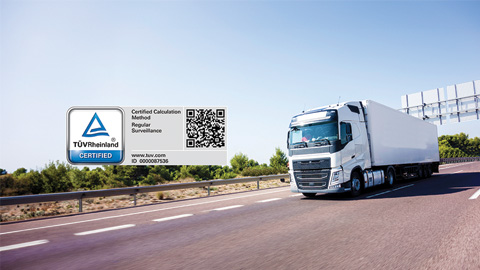 European transport truck on road with TUV Rheinland Certified test mark