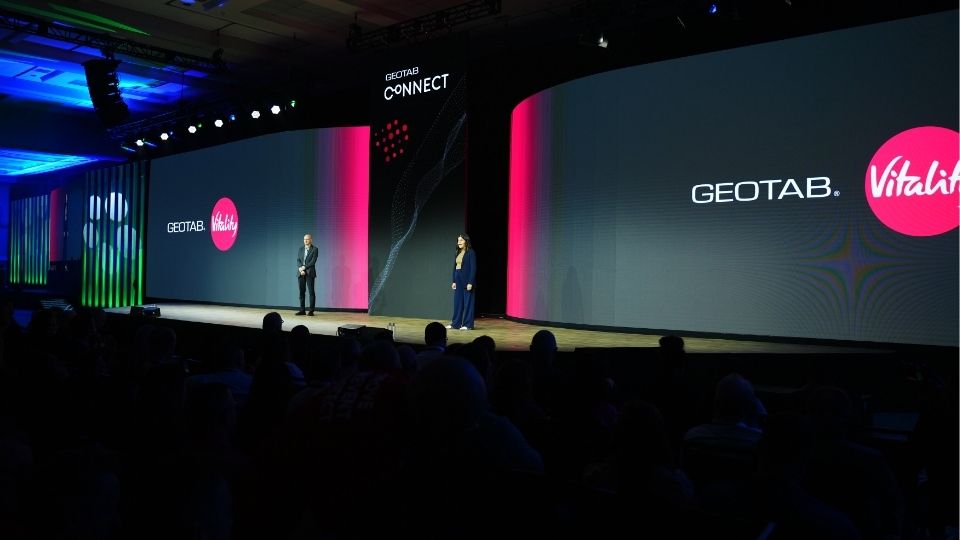 Neil and Sabina announcing with Geotab and Vitality logos