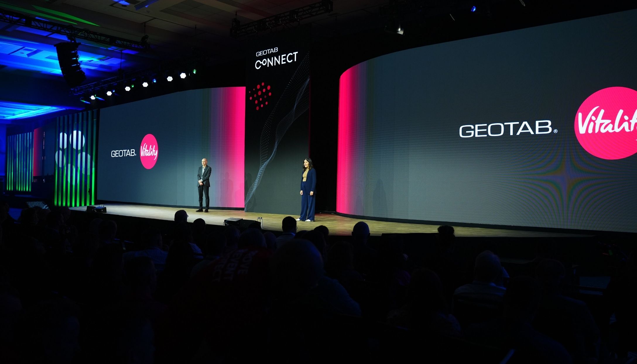 Neil and Sabina announcing with Geotab and Vitality logos