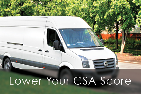 White charter van with the content "lower your CSA score"