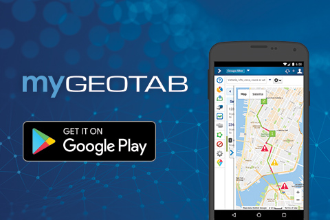 MyGeotab and Google Play logo with black smartphone displaying myGeotab dashboard